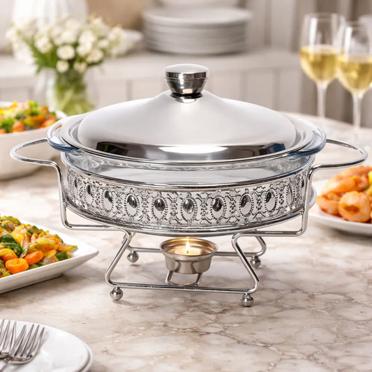 Rechaud Em Vidro Classico Redondo Tampa Inox Gourmet