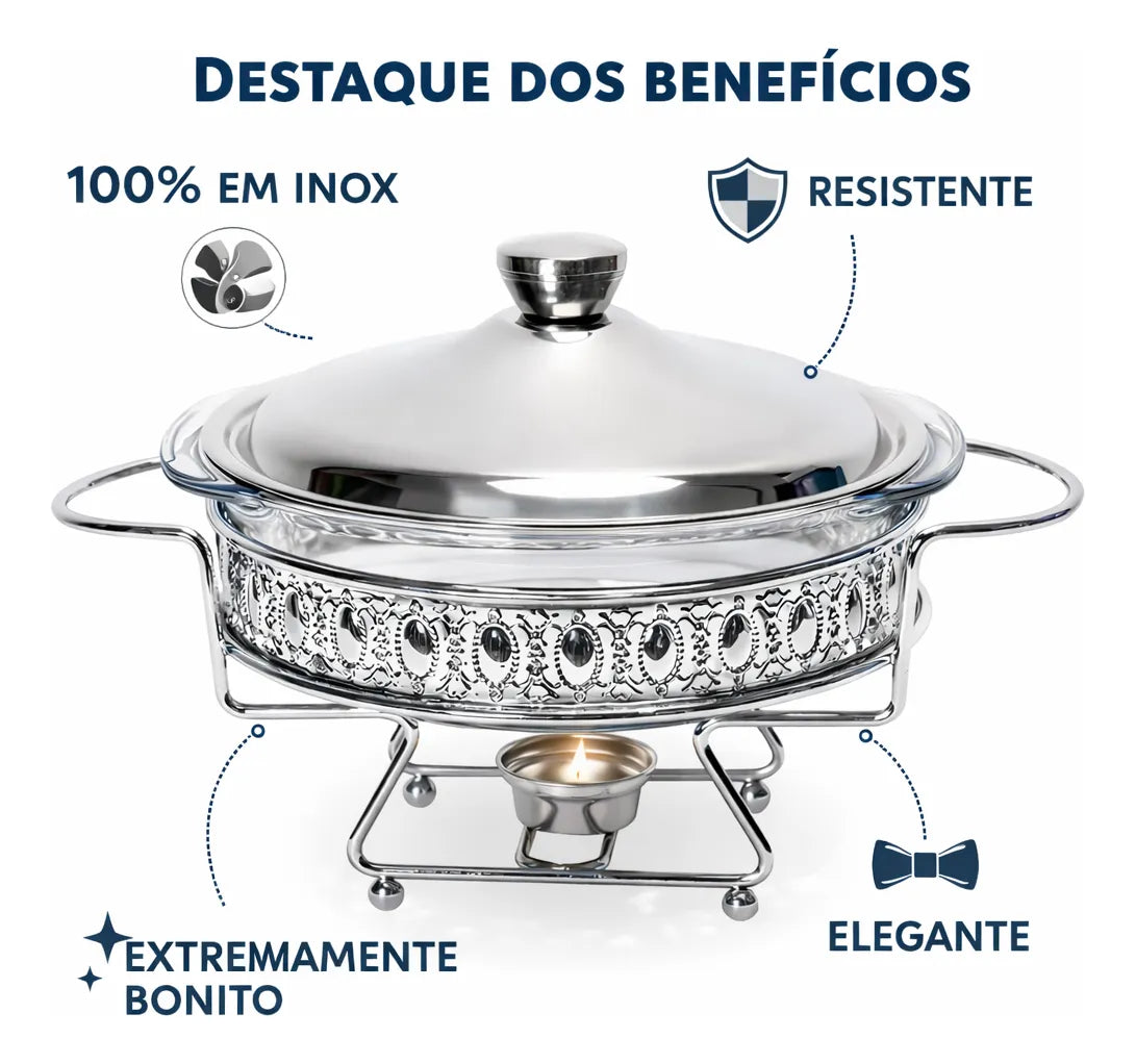 Rechaud Em Vidro Classico Redondo Tampa Inox Gourmet