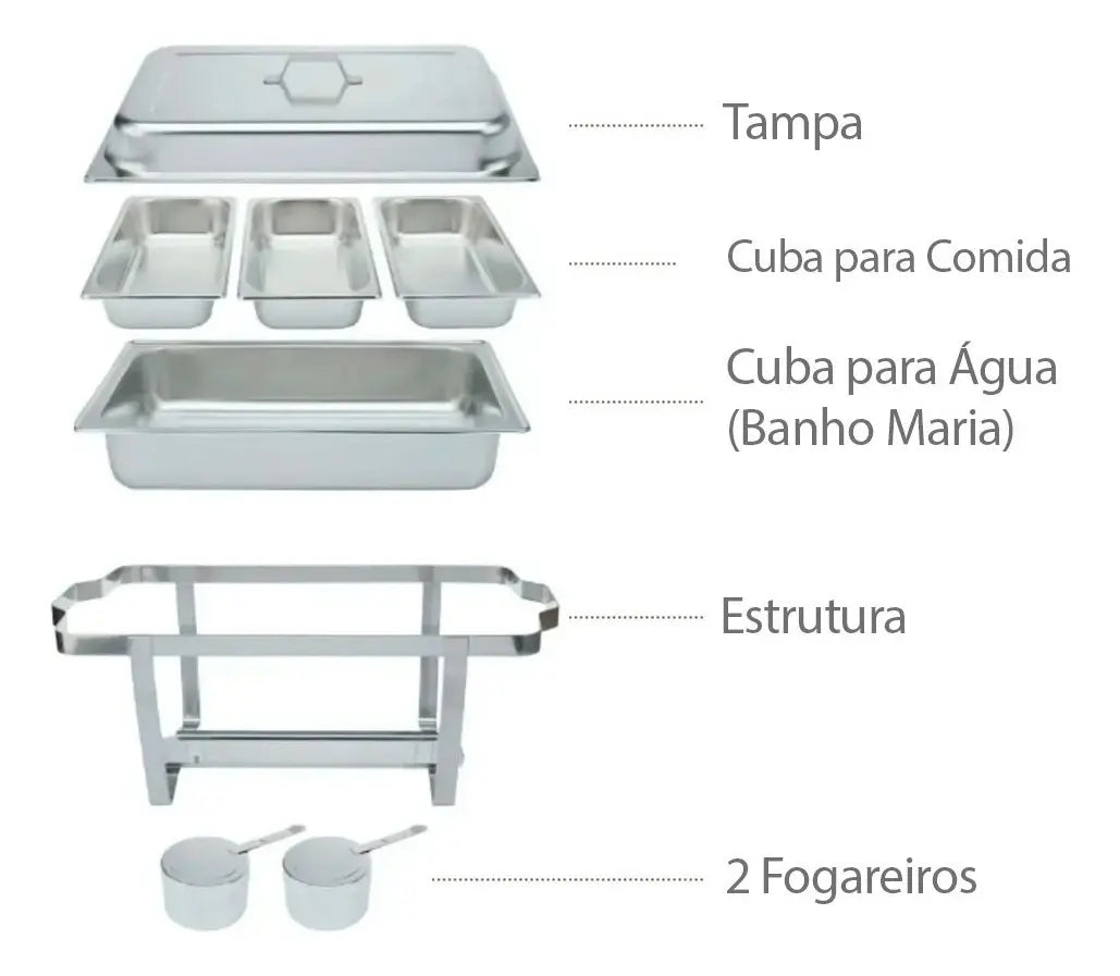Rechaud em aço inox com 3 cubas