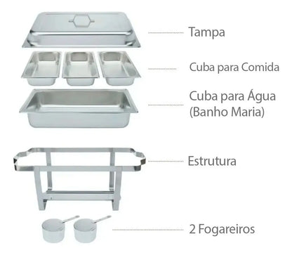 Rechaud em aço inox com 3 cubas
