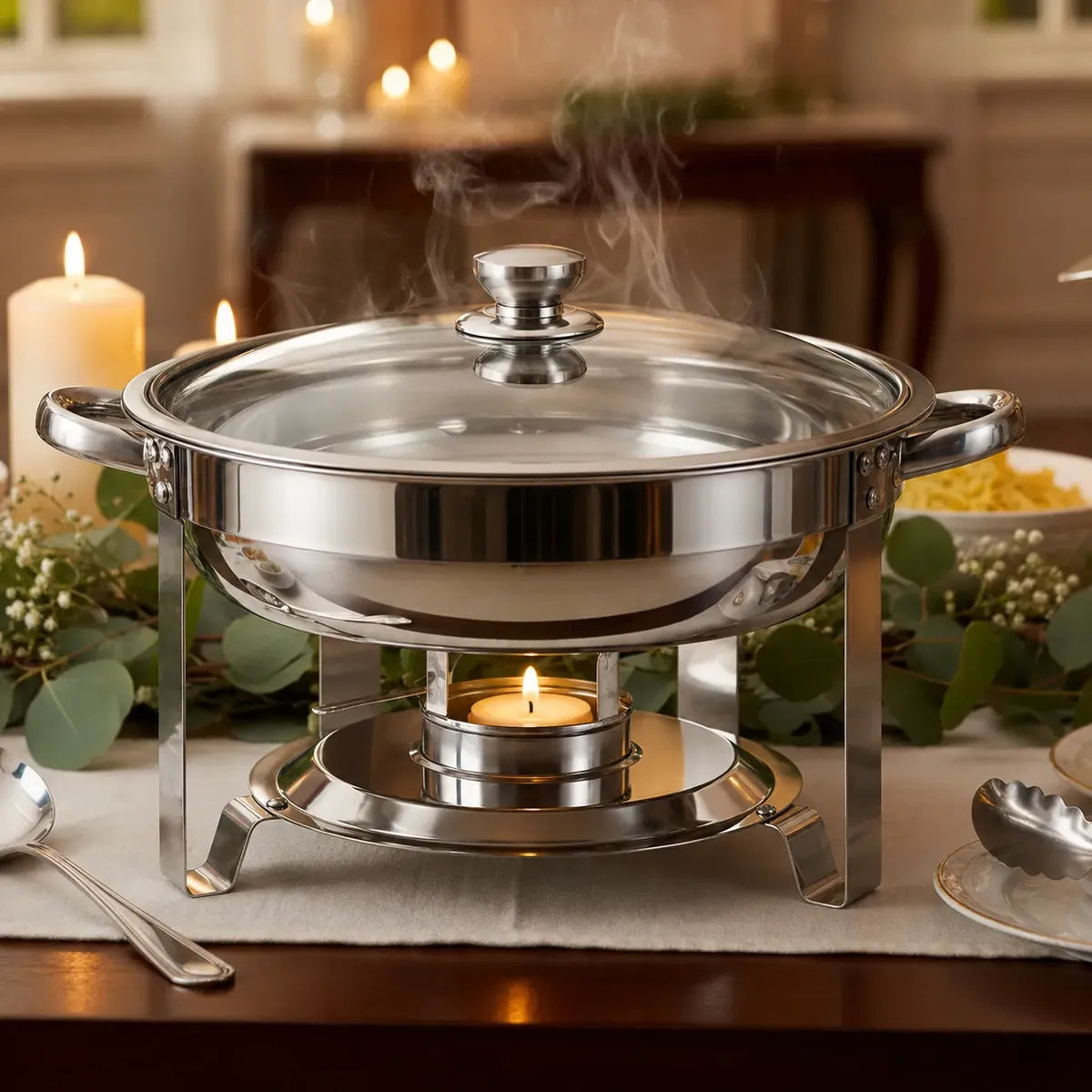 Rechaud Redondo 6 Litros Aço Inox Banho Maria Buffet Tampa
