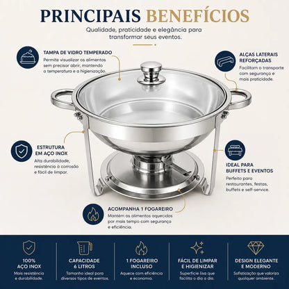 Rechaud Redondo 6 Litros Aço Inox Banho Maria Buffet Tampa