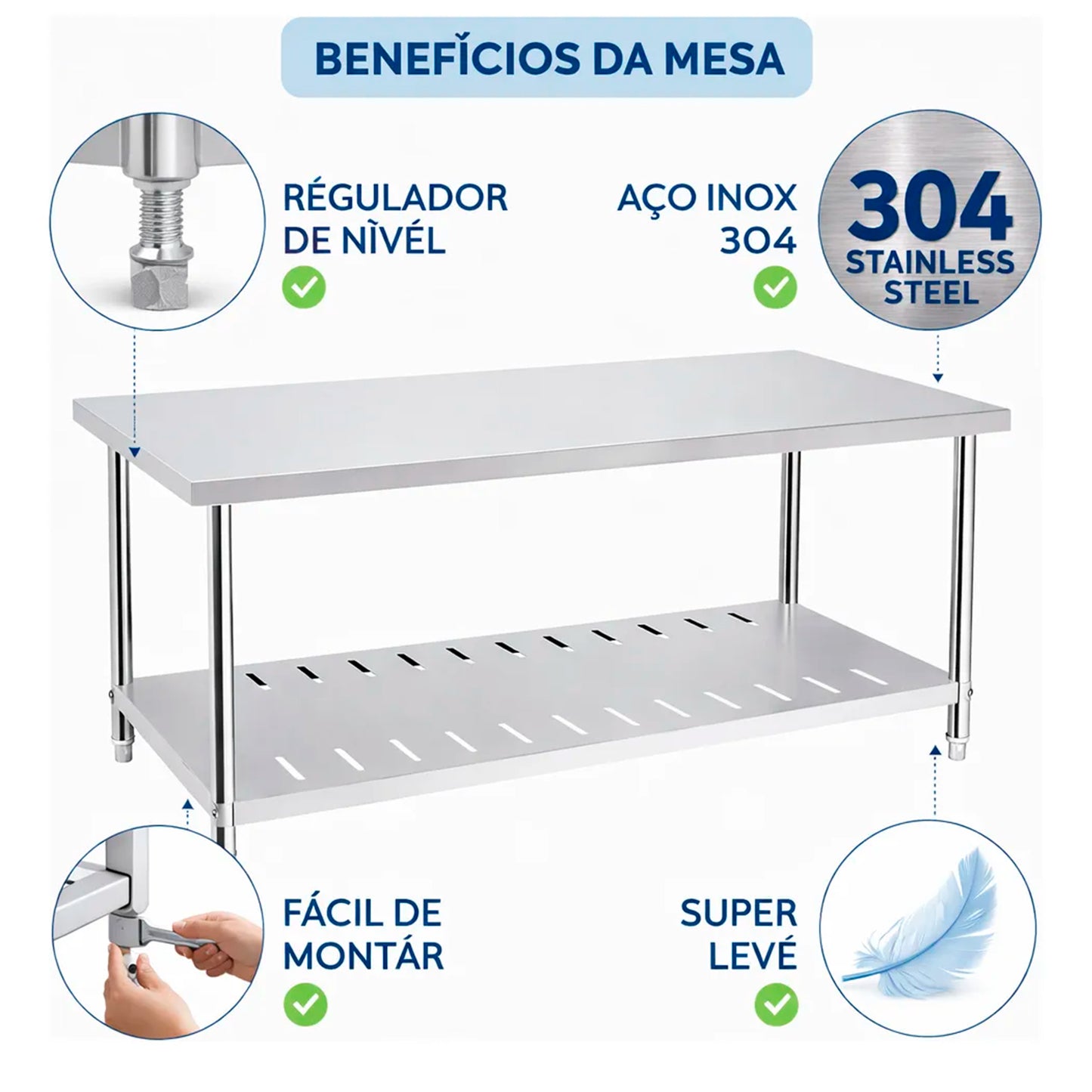 Mesa De Serviço 100% Inox 190x70cm